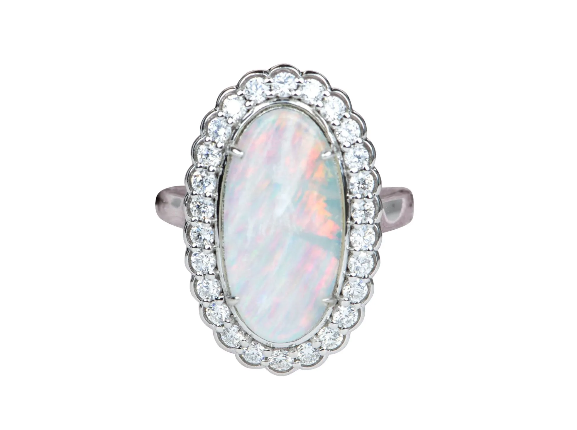 Engagement Dinner Ring R6101 with 3.12ct Solid Australian Opal and Scallop Diamond Halo in 14K White Gold