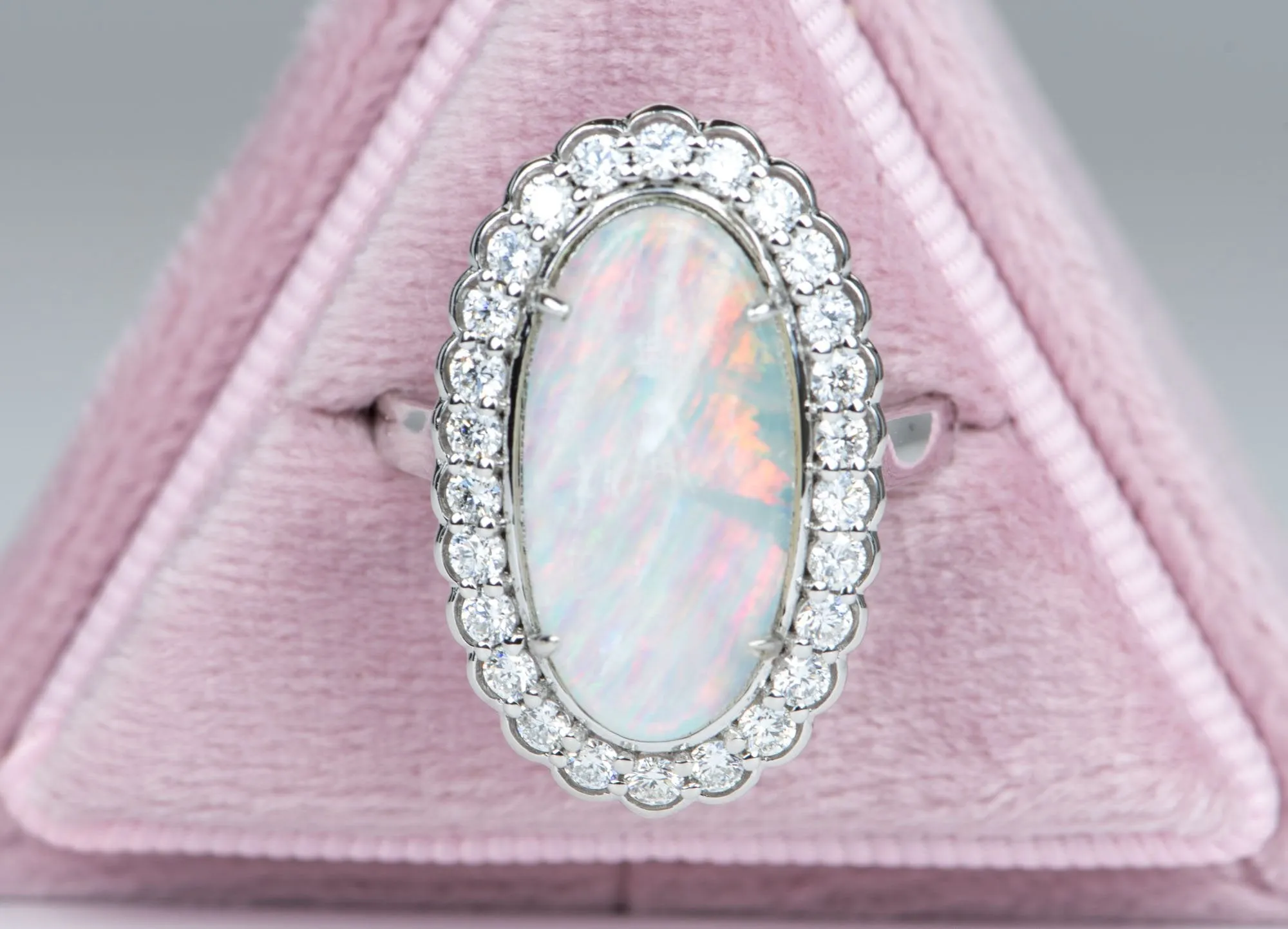 Engagement Dinner Ring R6101 with 3.12ct Solid Australian Opal and Scallop Diamond Halo in 14K White Gold