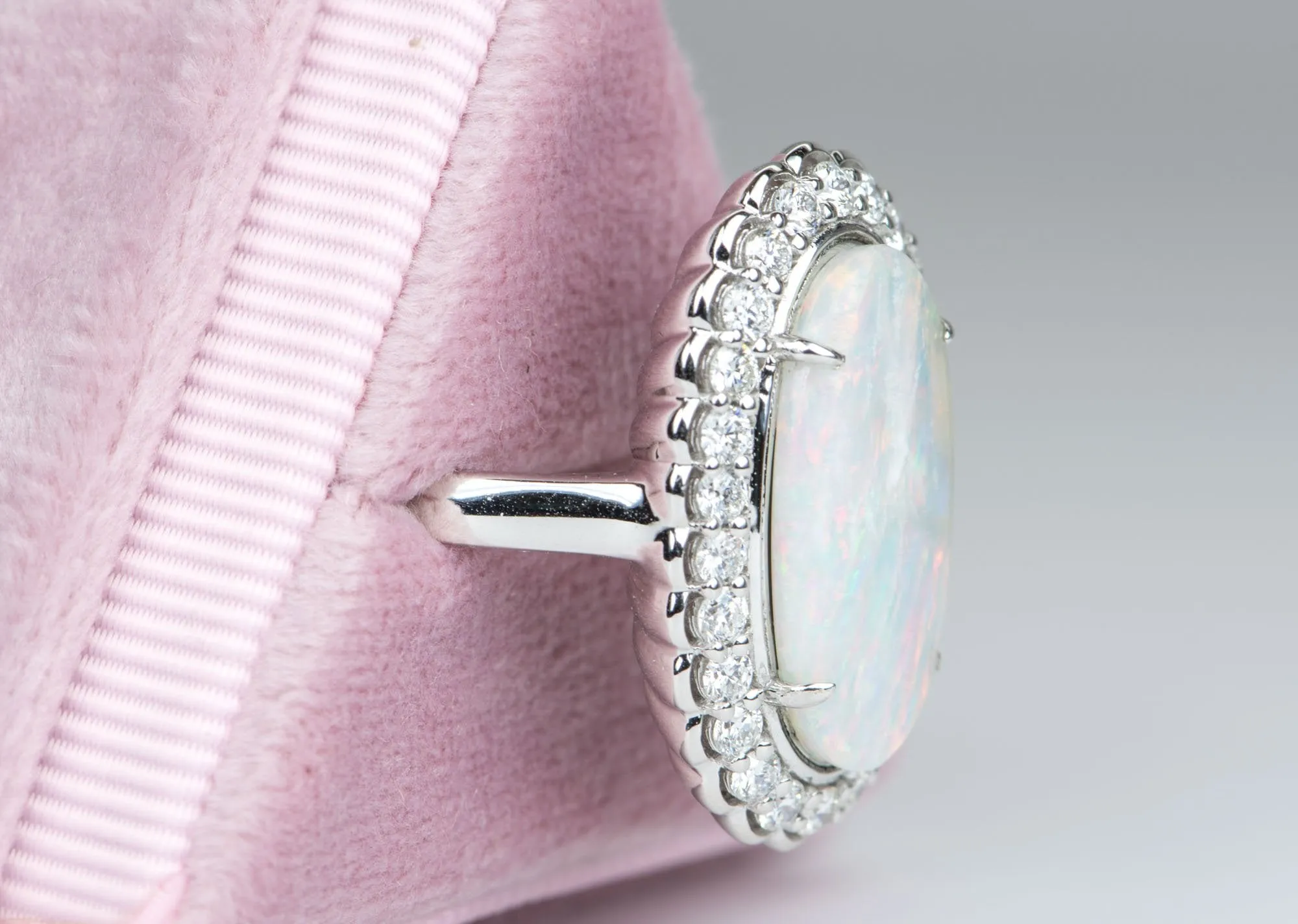 Engagement Dinner Ring R6101 with 3.12ct Solid Australian Opal and Scallop Diamond Halo in 14K White Gold