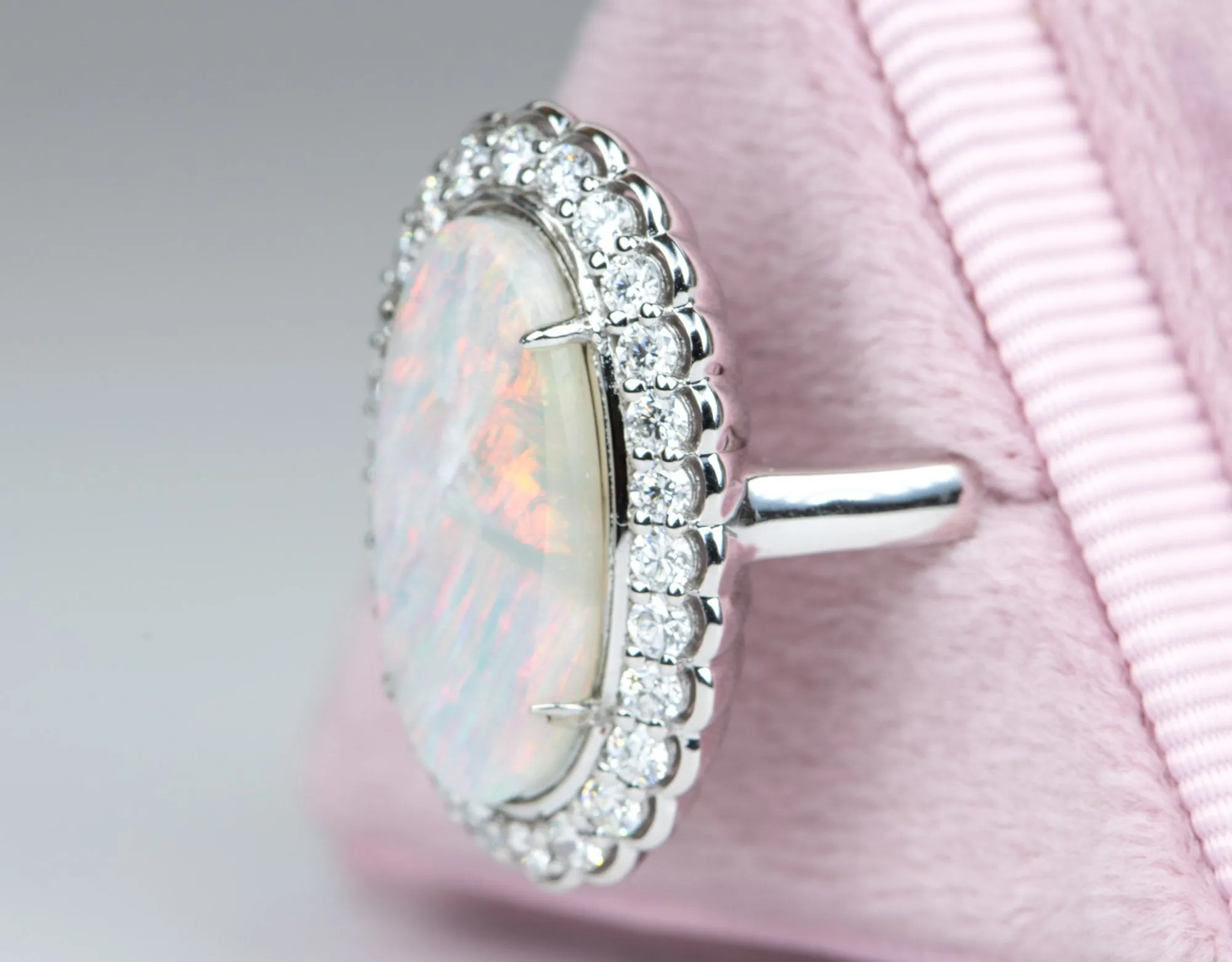 Engagement Dinner Ring R6101 with 3.12ct Solid Australian Opal and Scallop Diamond Halo in 14K White Gold