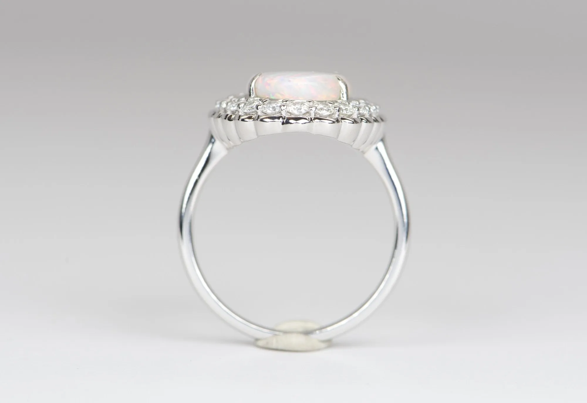 Engagement Dinner Ring R6101 with 3.12ct Solid Australian Opal and Scallop Diamond Halo in 14K White Gold