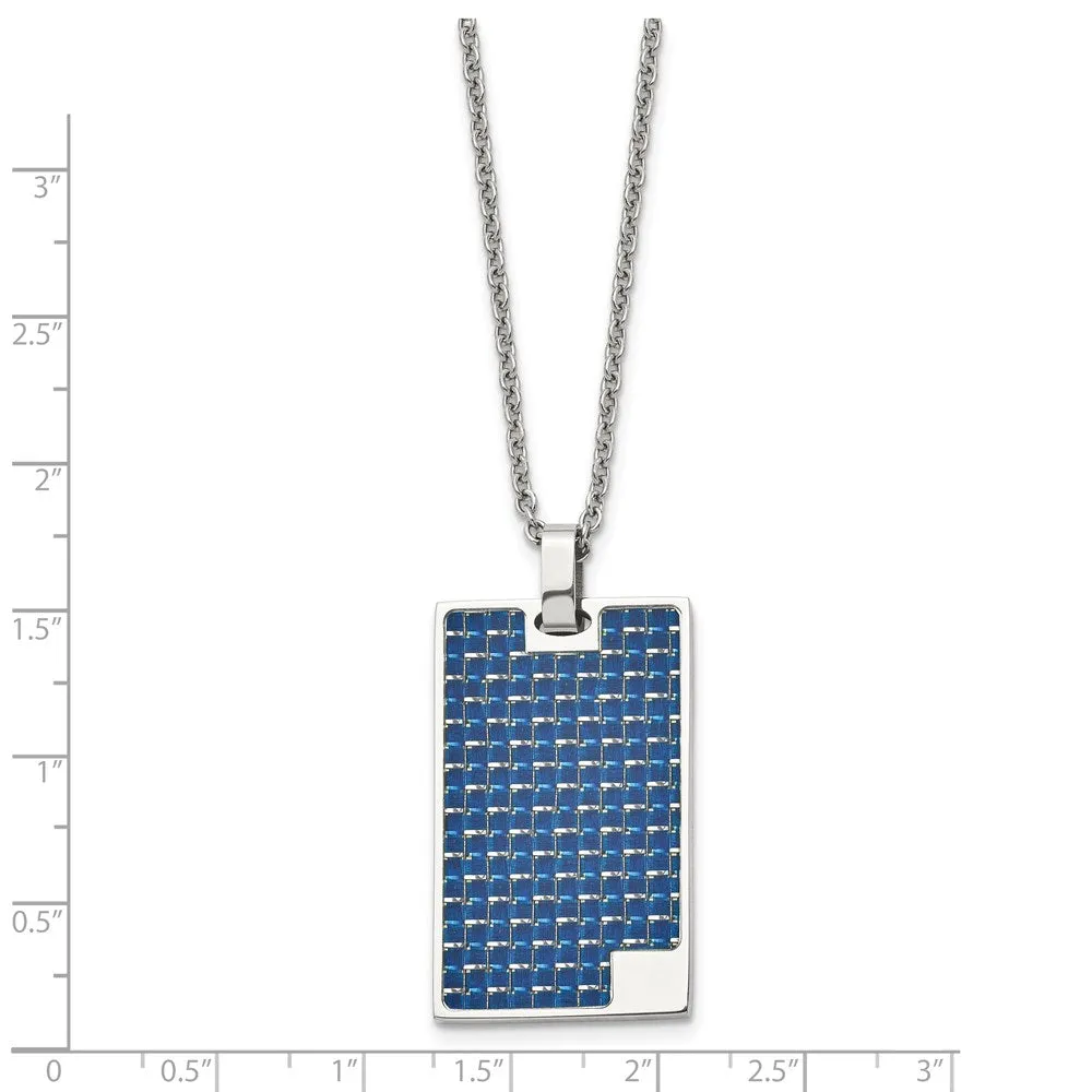 Stainless Steel Blue Carbon Fiber Inlay Dog Tag Necklace 22 Inch