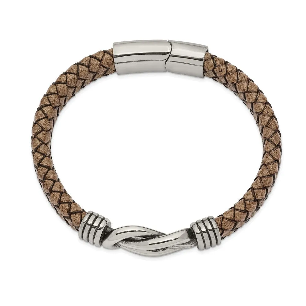 Men's Stainless Steel & Tan Leather Knot Bracelet, 8 Inch