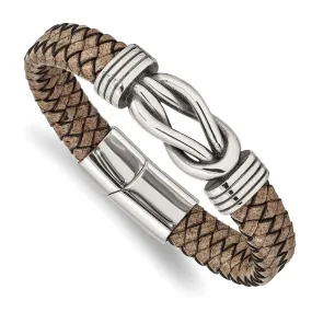 Men's Stainless Steel & Tan Leather Knot Bracelet, 8 Inch