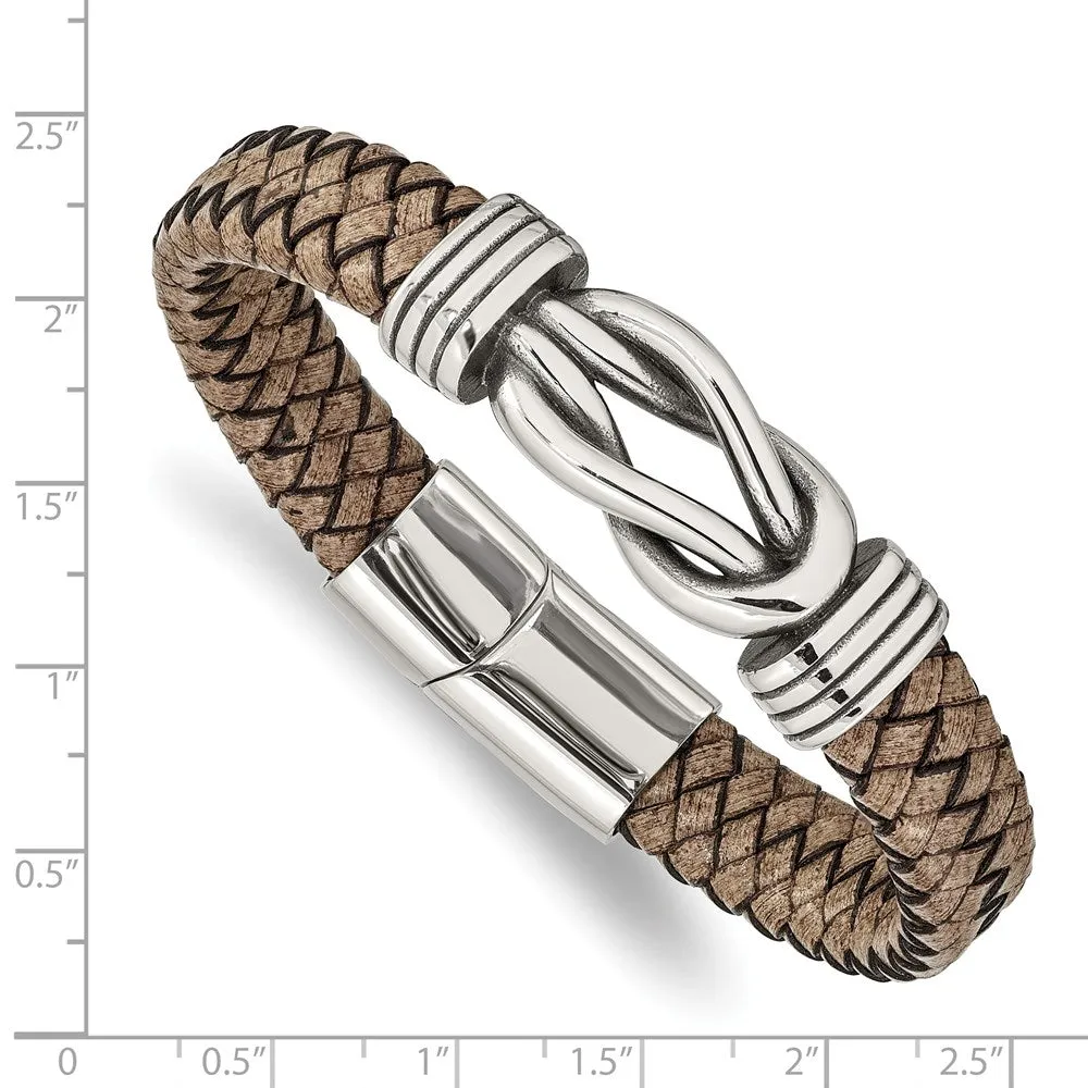 Men's Stainless Steel & Tan Leather Knot Bracelet, 8 Inch