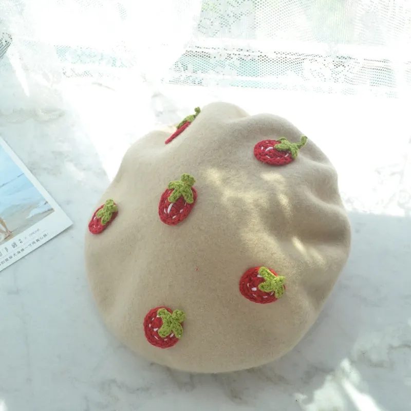 Stylish Beige Beret Hat with Strawberry Accent