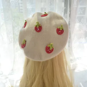 Stylish Beige Beret Hat with Strawberry Accent