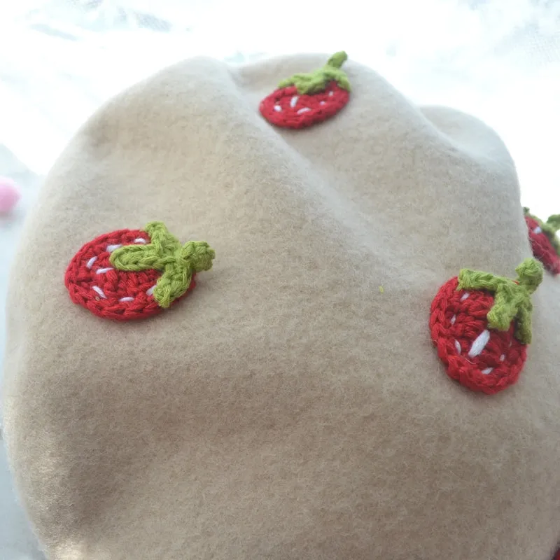 Stylish Beige Beret Hat with Strawberry Accent