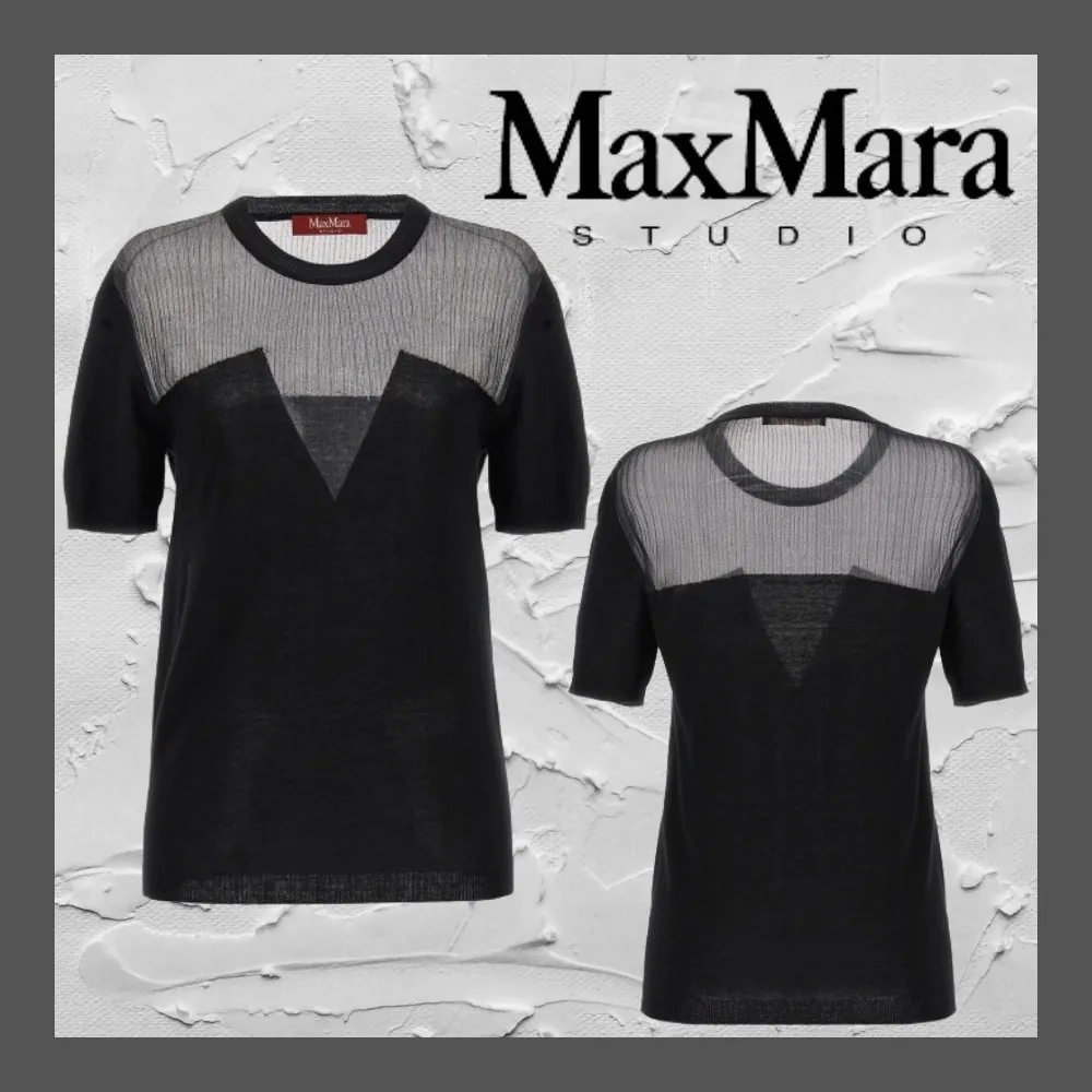 Max Mara Studio - Crew Neck Wool Silk U-Neck Plain Short Sleeves Party Style