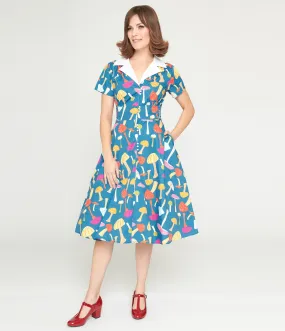 Unique Vintage Teal Multicolor Mushroom Swing Dress