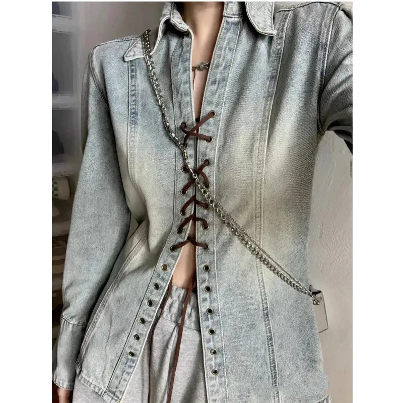 American Retro Punk Lace-up Leather Strap Denim Long Sleeve Shirt