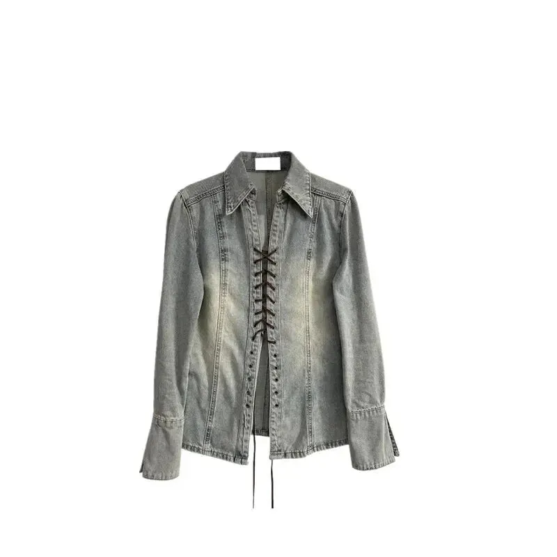 American Retro Punk Lace-up Leather Strap Denim Long Sleeve Shirt