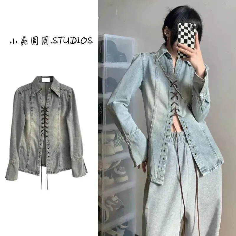 American Retro Punk Lace-up Leather Strap Denim Long Sleeve Shirt