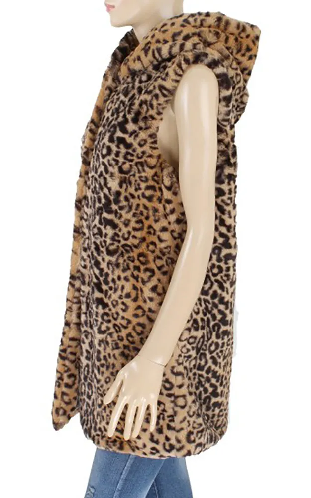 Y916 Leopard Print Super Soft Faux Fur Vest with Hood