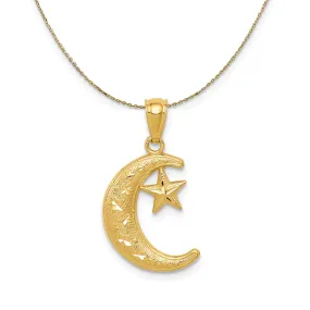 Yellow Gold Crescent Moon and Stars Necklace